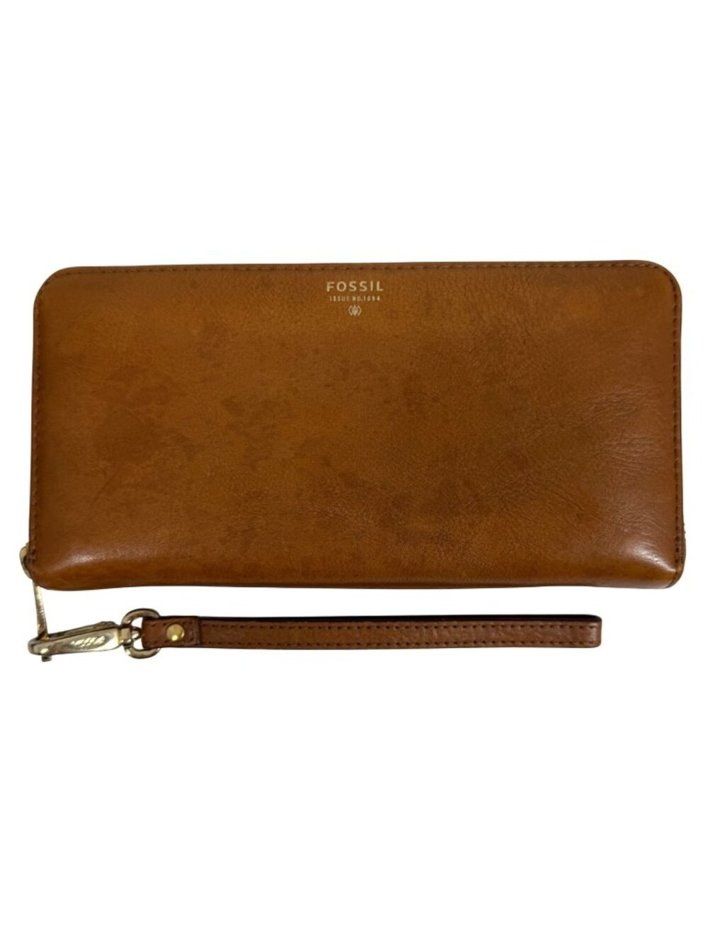 Fossil Sidney Zip Around Clutch Accordion Wallet Wristlet Tan Leather